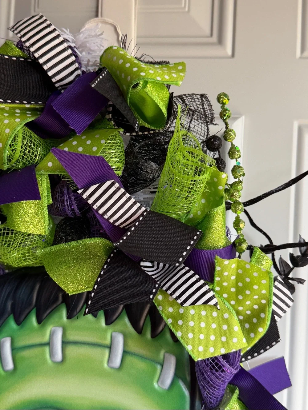 Frankenstein Halloween Door Wreath Swag Lighted Deco Mesh Purple Green Handmade